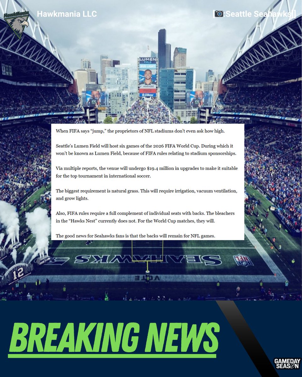 HawkMania (@hawkmania4) on Twitter photo 🚨BREAKING:
Lumen Field will undergo $19.4 million in upgrades to make it suitable for the top tournament in international soccer, per <a href="/ProFootballTalk/">ProFootballTalk</a> 🚨BREAKING:
Lumen Field will undergo $19.4 million in upgrades to make it suitable for the top tournament in international soccer, per <a href="/ProFootballTalk/">ProFootballTalk</a>