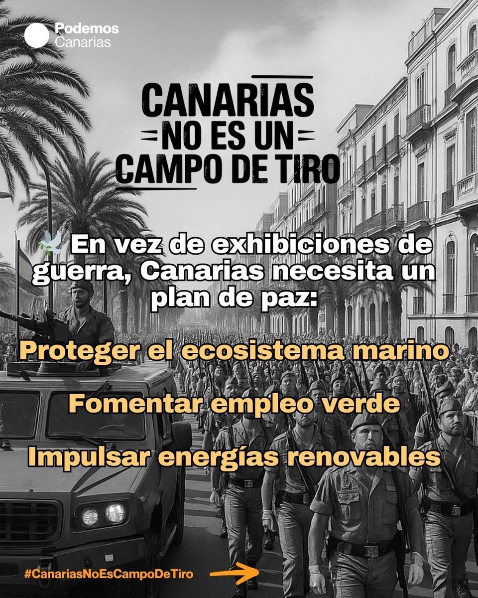 💔 El mar de Canarias es refugio de vida:
✅ Más de 30 especies de cetáceos, tortugas y bancos de peces.
Hoy está en riesgo por las maniobras militares.
❌ No más torpedos en nuestras costas.
🌿 ¡Queremos paz, no explosiones!
#CanariasNoEsCampoDeTiro #CanariasPorLaPaz