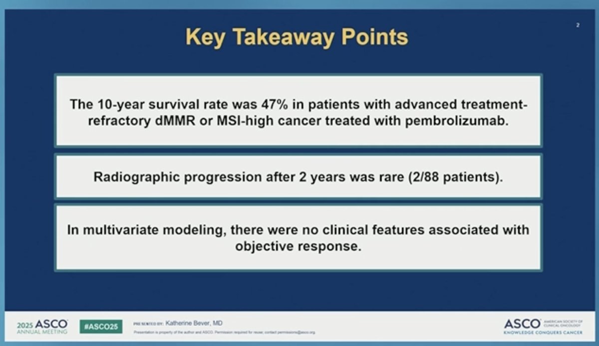 Arndt Vogel (@arndtvogel) on Twitter photo 10-year follow up for pembro in MSI-H/dMMR advanced solid tumors
🔎KEYNOTE 16
👉10-yrs OS rate: 46%
👉Rare progression after 2 years
👉We need biomarker to identify (non-) responders
🧐 Great to see 10yr survival data for systemic therapies
<a href="/myESMO/">ESMO - Eur. Oncology</a> 10-year follow up for pembro in MSI-H/dMMR advanced solid tumors
🔎KEYNOTE 16
👉10-yrs OS rate: 46%
👉Rare progression after 2 years
👉We need biomarker to identify (non-) responders
🧐 Great to see 10yr survival data for systemic therapies
<a href="/myESMO/">ESMO - Eur. Oncology</a>