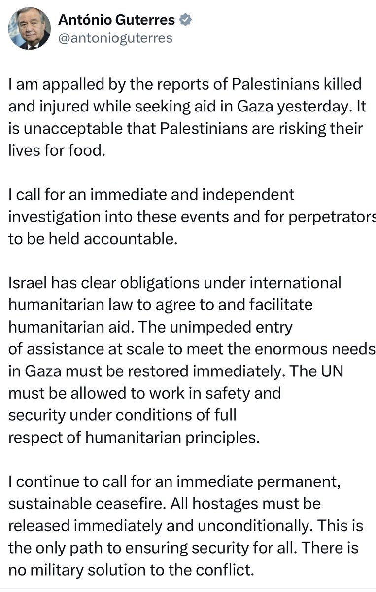 What a disgrace.
Even if you look very hard, there’s one word you won’t find in the Secretary-General’s statement: Hamas.
Not a word about the fact that Hamas is the one shooting civilians and trying to prevent them from collecting aid packages.
Not a word about the fact that