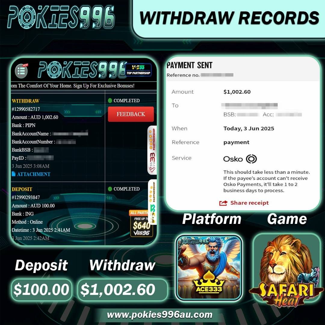 996Pokies's tweet photo. 🎰WELCOME TO POKIES996 🇦🇺🎰
Customer Winning Today🏆
🎮Platform:ACE333🏆
🎮Game:SAFARI HEAT🏆
📌DEPOSIT:$100.00AUD 💸
📌WITHDRAW:$1,002.60 AUD 💸

🎰Website Link ✨ : https://t.co/apfd64ovMk https://t.co/HOFVchmTTR