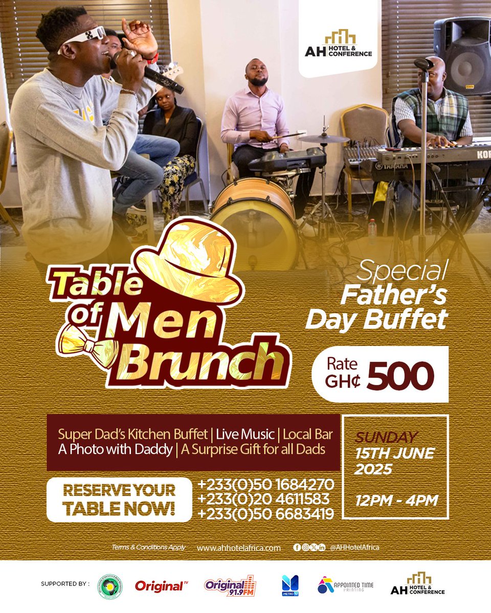isaacgyan77's tweet photo. @AHHotelAfrica_
A Father’s Day Like No Other at #AHHotel!
Honor the hero in your life at our unforgettable #TableofMen Brunch!
GHC500
Sunday, 15th June 2025
12PM – 4PM
Book now: +233 (0)50 168 4270 | +233 (0)20 461 1583 | +233 (0)50 668 3419
#ZoomlionDeyWork https://t.co/RI1jHx3zux