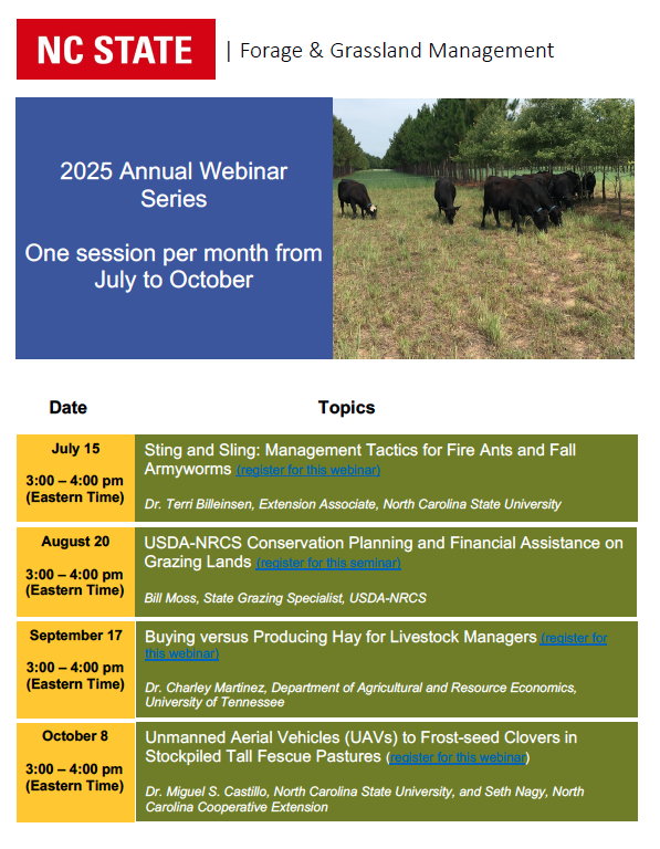 Annual forage &amp; grassland management webinar schedule. For registration details click 👉 forages.ces.ncsu.edu/2025/06/annual… <a href="/CropAndSoil/">NC State Crop & Soil Sciences</a> <a href="/NCExtension/">NC State Extension</a> <a href="/NCCattle/">NC Cattlemen's Assoc</a>