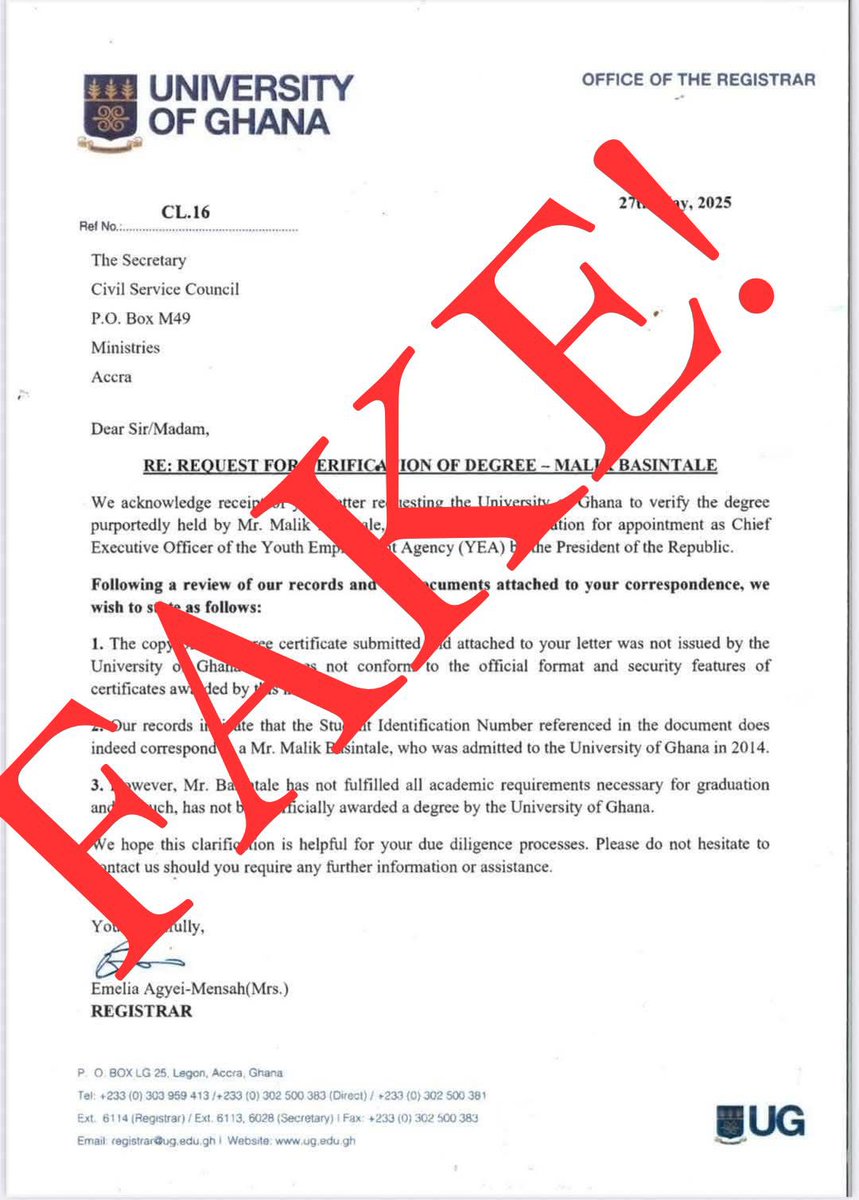 University of Ghana <a href="/UnivofGh/">University of Ghana</a> says letter purported to be from the registrar on the degree of the NYA CEO Malik Basintale <a href="/malik_basintale/">Maleek Basintale</a> is fake and forged. 

The university urges the public to disregard it. 

#AnyThingGhana