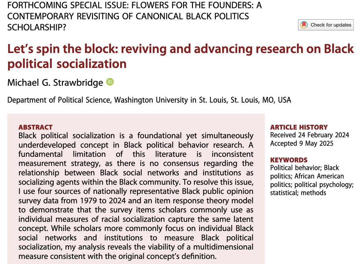 Michael Strawbridge (@mjstrawbridge) on Twitter photo Excited to have the first piece of my diss published in <a href="/pgijournal23/">Politics, Groups, and Identities</a> . I review the
utility of Black political socialization as a concept and propose new measurement strategies. In doing so, I highlight the growing importance of Black digital spaces for future research. Excited to have the first piece of my diss published in <a href="/pgijournal23/">Politics, Groups, and Identities</a> . I review the
utility of Black political socialization as a concept and propose new measurement strategies. In doing so, I highlight the growing importance of Black digital spaces for future research.