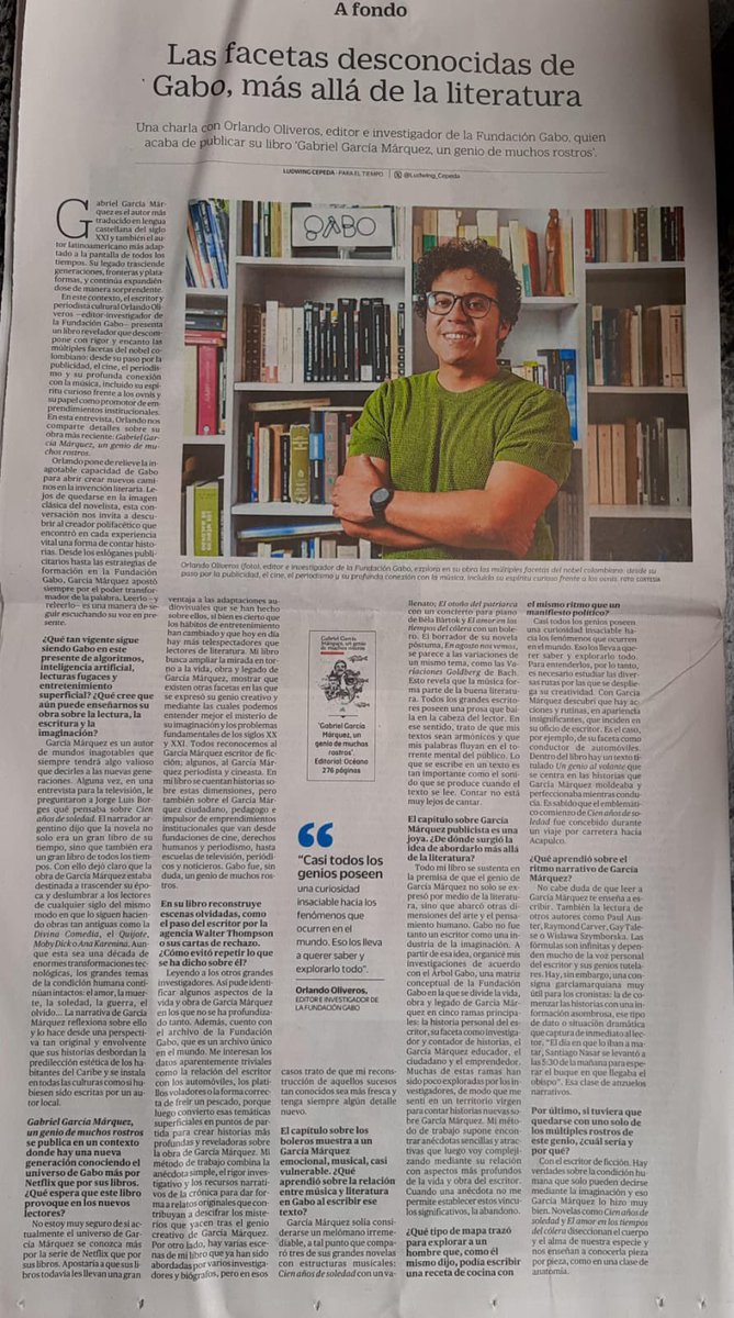 Comparto con ustedes la entrevista que me hizo <a href="/Ludwing_Cepeda/">Ludwing Cepeda A.</a> para <a href="/ELTIEMPO/">EL TIEMPO</a> a propósito de mi libro “Gabriel García Márquez, un genio de muchos rostros”. Es, sinceramente, una de las entrevistas sobre mi trabajo que más me ha gustado dar.

Acá el enlace: eltiempo.com/amp/cultura/mu…