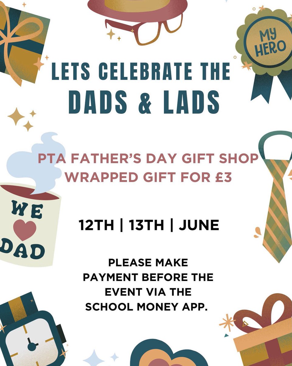 Dads and Lads Secret Shop 🛍️🎁

To purchase a gift for the special men in your child(ren)s lives, log on to the school money app and click on shop and add as needed.

We will be wrapping some of the gifts tomorrow at 1.45pm in the staff room at school if you would like to join us