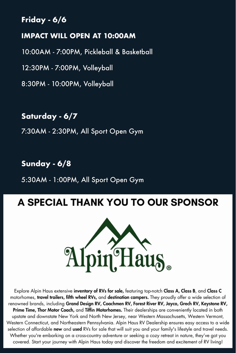 Good afternoon Impact Friends! ☀️ Here is this week’s Open Gym Schedule June 2 — June. We hope you have an amazing week! 

A special thank you to our sponsor Alpin Haus for their continued support!

#sponsor #opengym #support #halfmoon #ImpactAthleticCenter