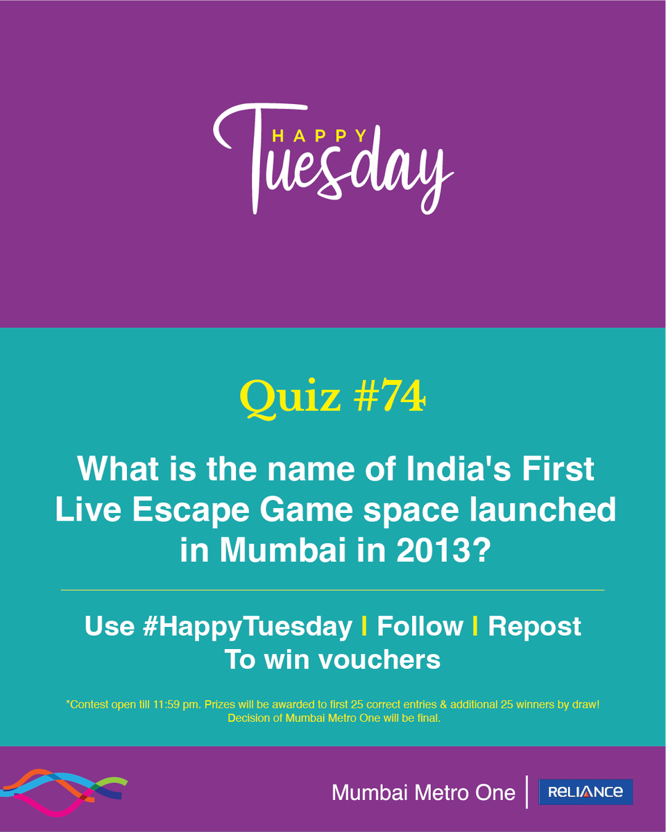 MumbaiMetro01's tweet photo. #HappyTuesday quiz is here! 

The 74th edition is about India's pioneering escape room concept launched in Bandra.

Prizes will be awarded to 50 winners, the first 25 correct entries, and an additional 25 winners by draw.

Follow, Repost and Use #HappyTuesday (all mandatory) to win. 

#ContestAlert #Giveaways #Voucher #MumbaiMetro