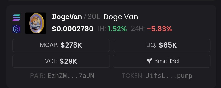 Instead of buying scams on solana 
Buy this one with a purpose 
$DOGEVAN

Y'all see that MC ? 278K 
That means there is a lot of room to grow 💯
