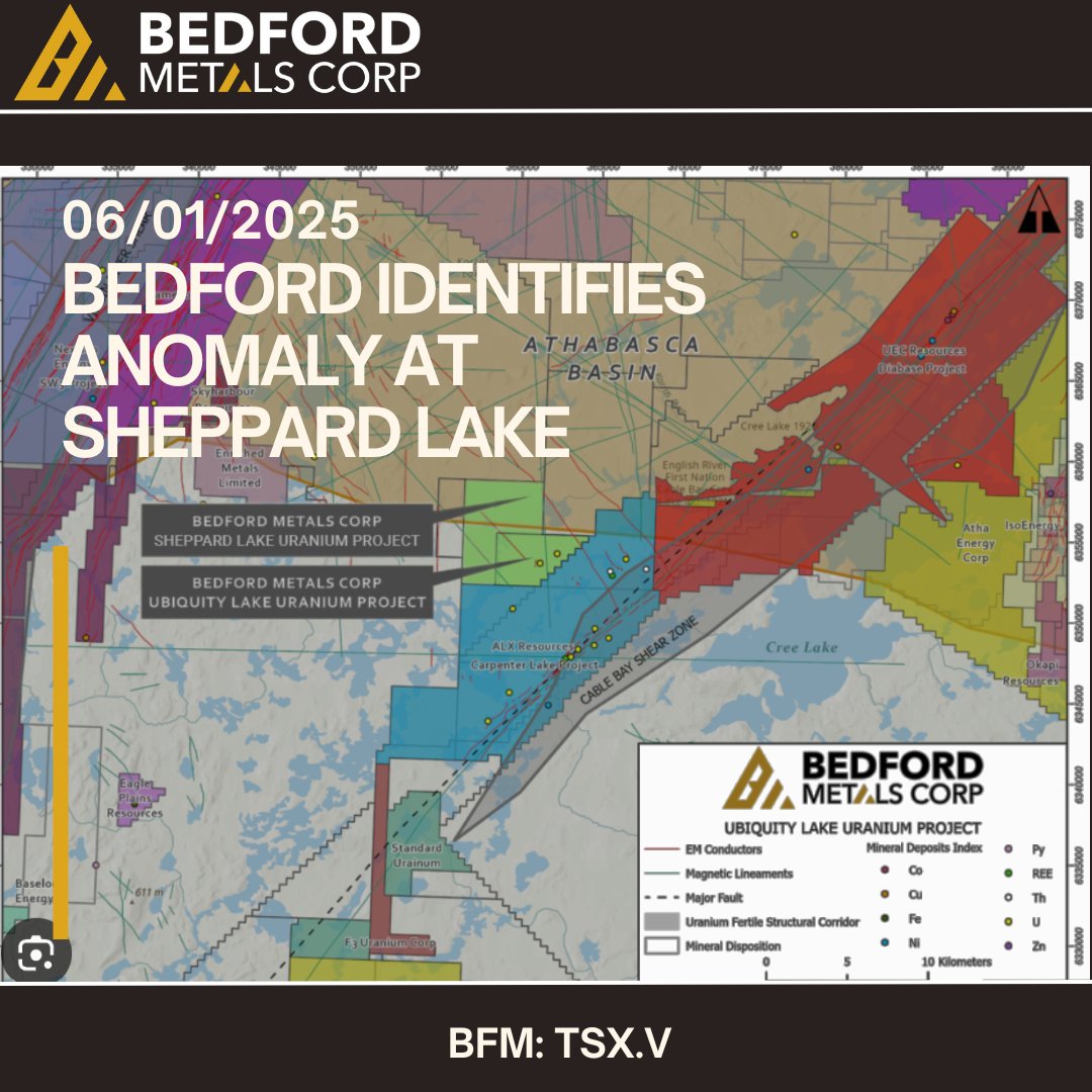 BEDFORD METALS RECEIVES PRELIMINARY REPORT OF MOBILE MT SURVEY AT SHEPPARD LAKE URANIUM PROJECT Home | Bedford Metals Corp.Home | Bedford Metals Corp. bedfordmetals.com $BFM.V $URGYF #uranium #saskatchewan #mining <a href="/CapitalJemini/">JeminiCapital</a> @jeminicapital <a href="/mining/">MINING.COM</a> <a href="/KitcoNewsNOW/">Kitco NEWS</a>