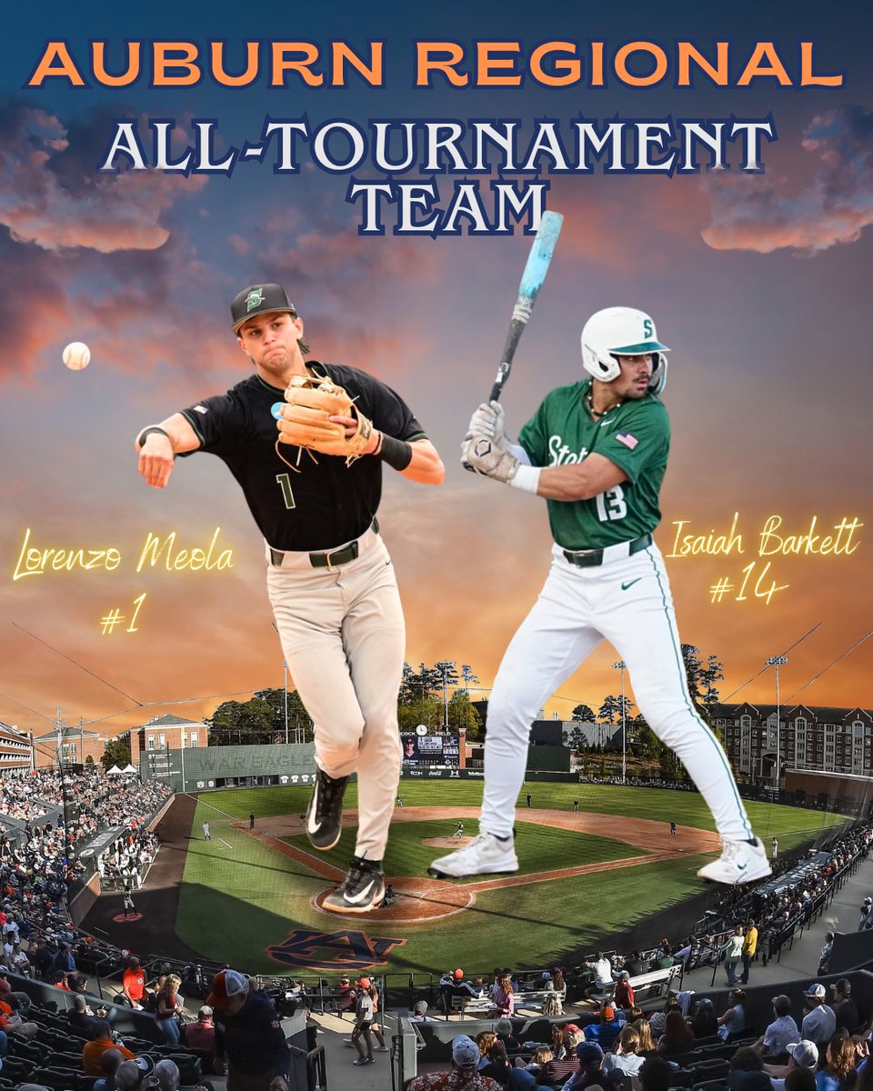 Congrats to SS Lorenzo Meola and 3B Isaiah Barkett on being selected to the Auburn Regional All-Tournament team👏🏼

🏅Barkett batted .538/.846 (7-for-13, 2 walks, 4 doubles, 6 RBI)

🏅Meola batted .500/.563 (8-for-16, 1 double, 2 RBI) and second in the tournament with 6 defensive
