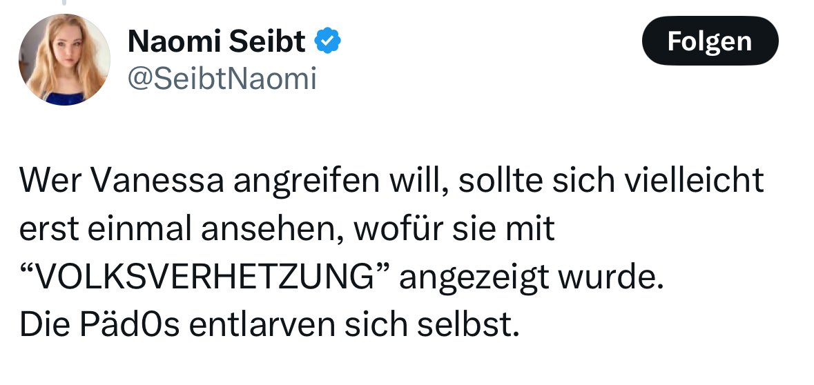 AllyAgainstHate (@allyagainsthate) on Twitter photo Das alte Spiel, <a href="/SeibtNaomi/">Naomi Seibt</a>: Eine Anzeige wegen Volksverhetzung wird plötzlich zum Ehrenabzeichen, weil sie angeblich „die Richtigen“ trifft? Spoiler: Wer gezielt, wie <a href="/MdlBehrendt/">Vanessa Behrendt MdL</a> gegen queere Menschen hetzt, pauschal Migrant:innen kriminalisiert und mit Das alte Spiel, <a href="/SeibtNaomi/">Naomi Seibt</a>: Eine Anzeige wegen Volksverhetzung wird plötzlich zum Ehrenabzeichen, weil sie angeblich „die Richtigen“ trifft? Spoiler: Wer gezielt, wie <a href="/MdlBehrendt/">Vanessa Behrendt MdL</a> gegen queere Menschen hetzt, pauschal Migrant:innen kriminalisiert und mit