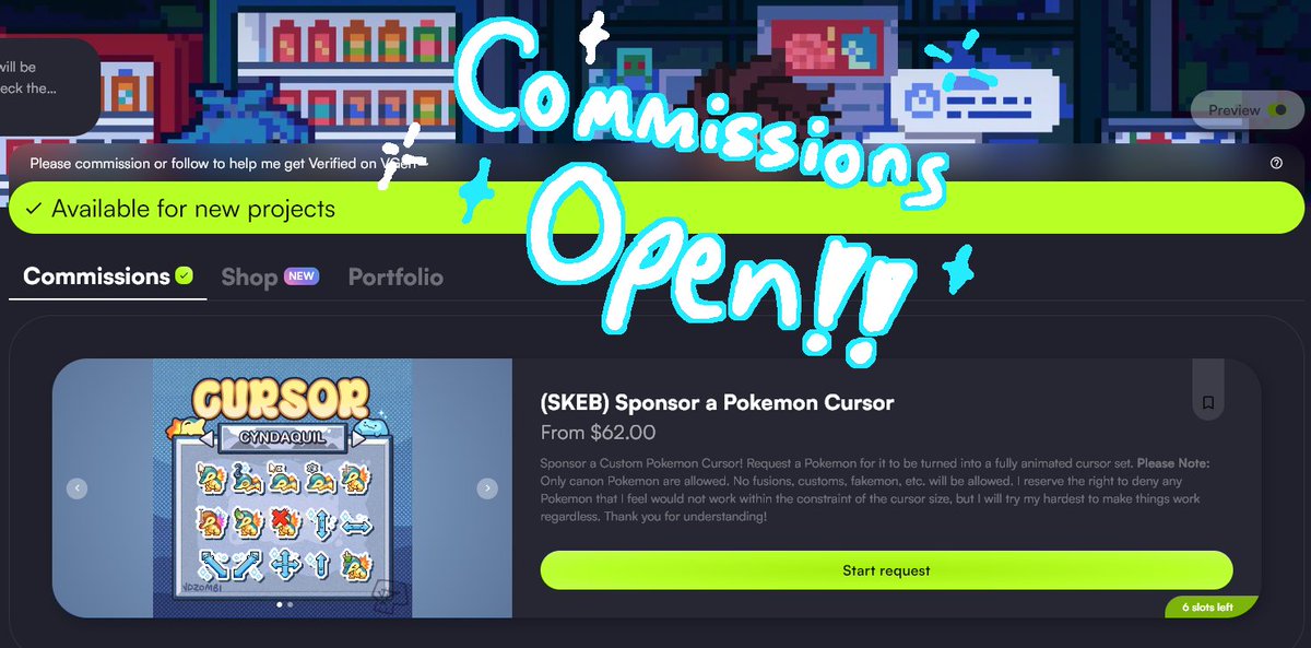 ✨COMMISSIONS OPEN📢

I have officially opened slots for custom Pokemon cursors! Only 6 slots for this first round to see how it goes. :>

This is my first public comms opening in like... 4 years. 💙💚