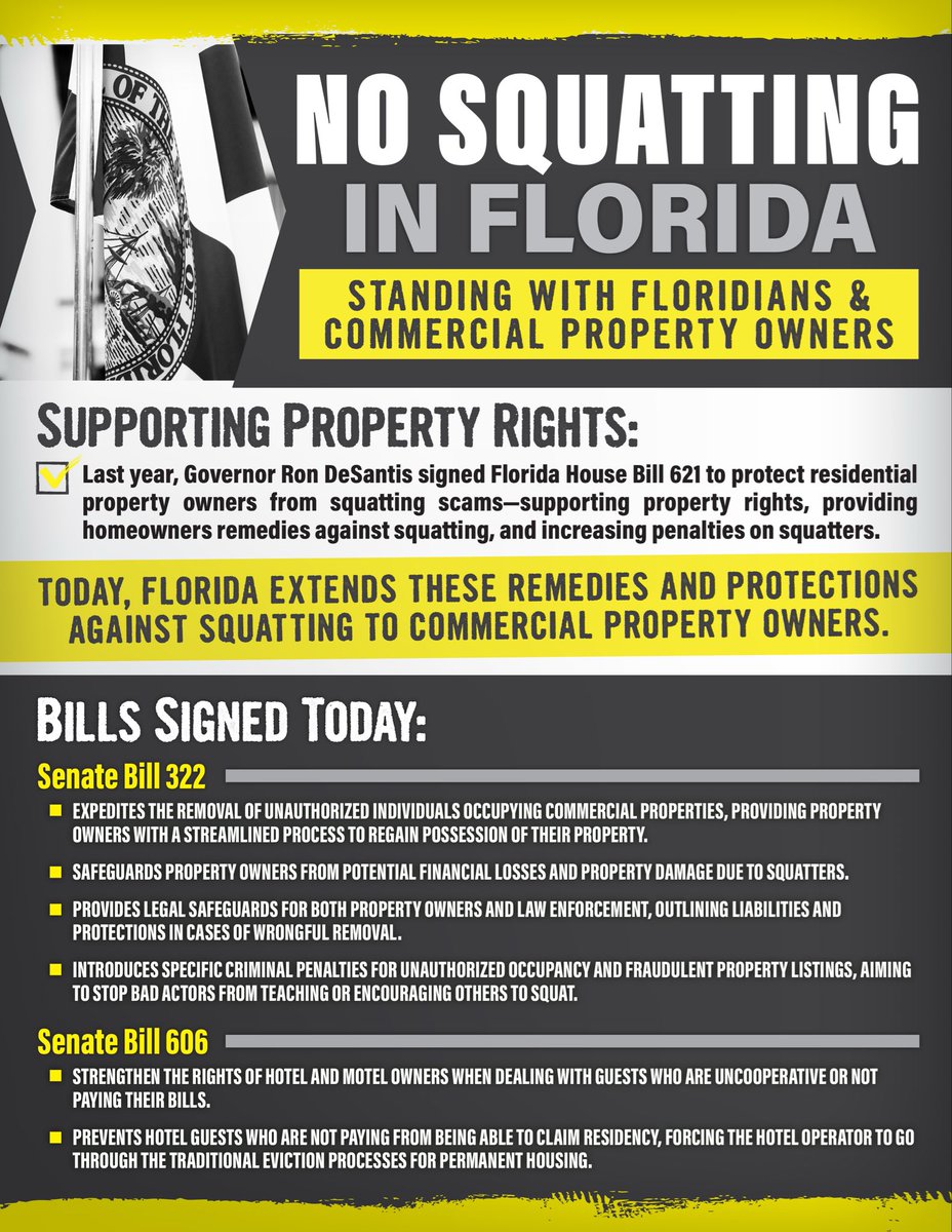 Property rights are essential to maintaining an orderly and stable society. That’s why I signed legislation last year to protect residential property owners from squatting scams and empower law enforcement agencies to remove squatters expeditiously. 

Today, I signed two laws