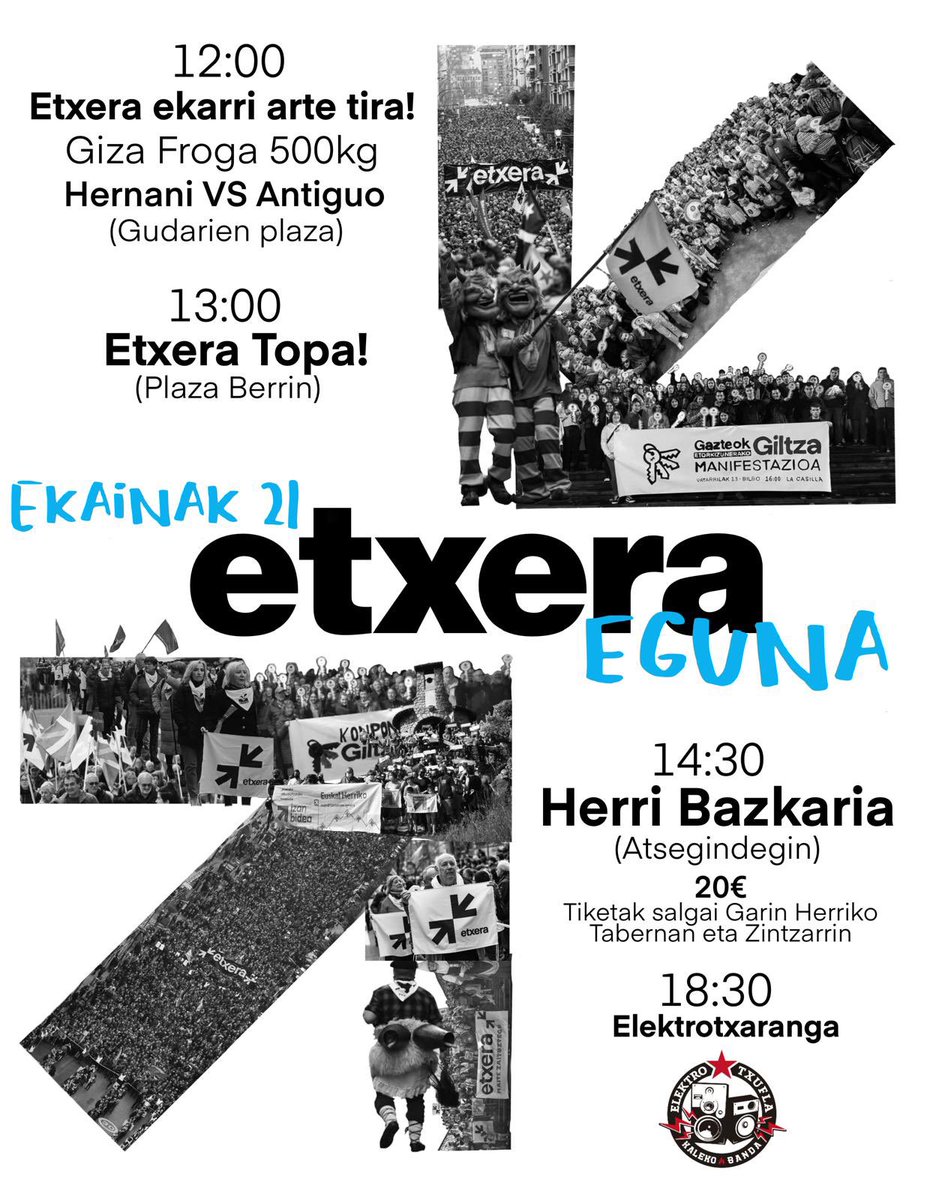 🔊 Denbora luzez zain egon ondoren hemen daukazue aurtengo 𝗘𝗧𝗫𝗘𝗥𝗔 𝗘𝗚𝗨𝗡𝗔. Dagoeneko salgai dituzue herri bazkarirako txartelak. Bixi ibili! ⚡️

Denak etxean izan arte kalean jarraituko dugu ✊🏽