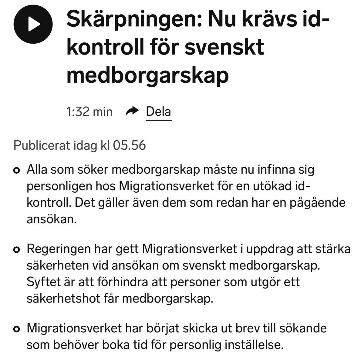 I åratal har Sverige delat ut medborgarskap i blindo, utan att ens kräva id-kontroll.

Det har inte bara varit naivt,  utan även farligt.

Nu sätter vi stopp för den ansvarslösa S-eran. Svenskt medborgarskap ska man förtjäna – inte få på posten. 🇸🇪