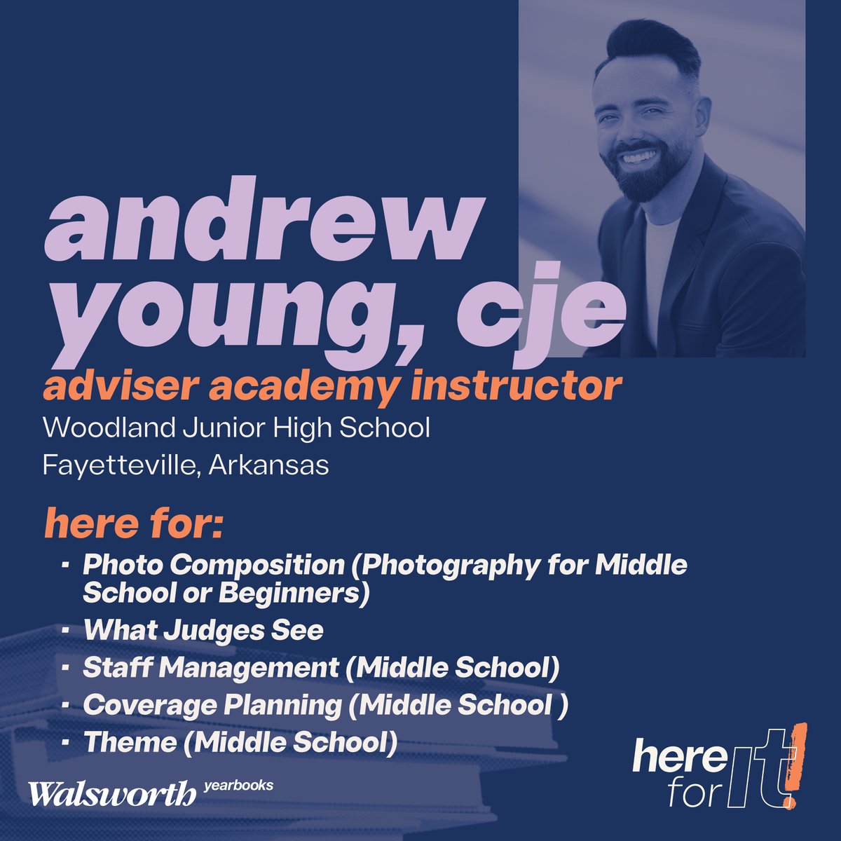 Our next 2025 Virtual Adviser Academy presenter we're excited to introduce is Andrew Young, CJE! He is the yearbook adviser at Woodland Junior High School and will be teaching five courses. Register today at link.walsworthyearbooks.com/AdviserAcademy. #Walsworth #Yearbooks