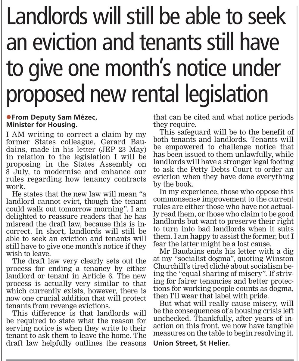 My response in today’s <a href="/JEPnews/">jepnews</a> to some of the misinformation being spread about the changes to our tenancy law that I am proposing.

A lot of misinformation is being spread about what the law contains and what impact it will have on landlords. Arm yourself with the facts 💪