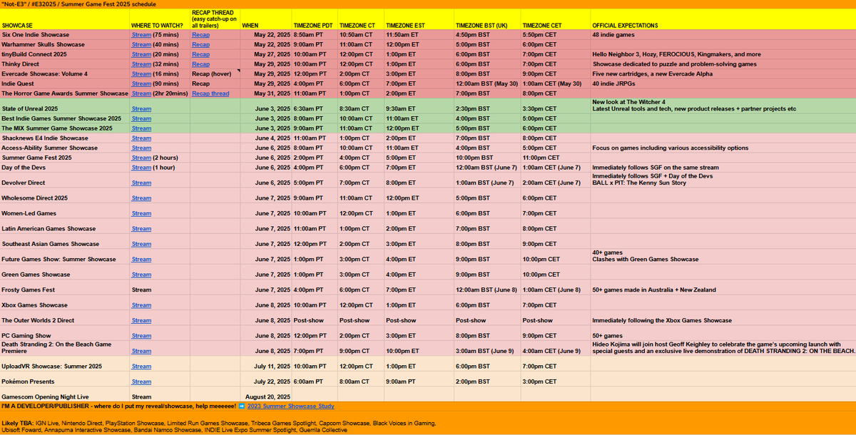 Toadsanime's tweet photo. Tomorrow's #SummerGameFest / #NotE3 showcase schedule:

State of Unreal
Best Indie Games Summer Showcase 2025
The MIX Summer Game Showcase

Full schedule, stream links, recap threads, and timezones at the link 🌞

https://t.co/bRT3x9K0Hn https://t.co/qbj1wD4BKQ