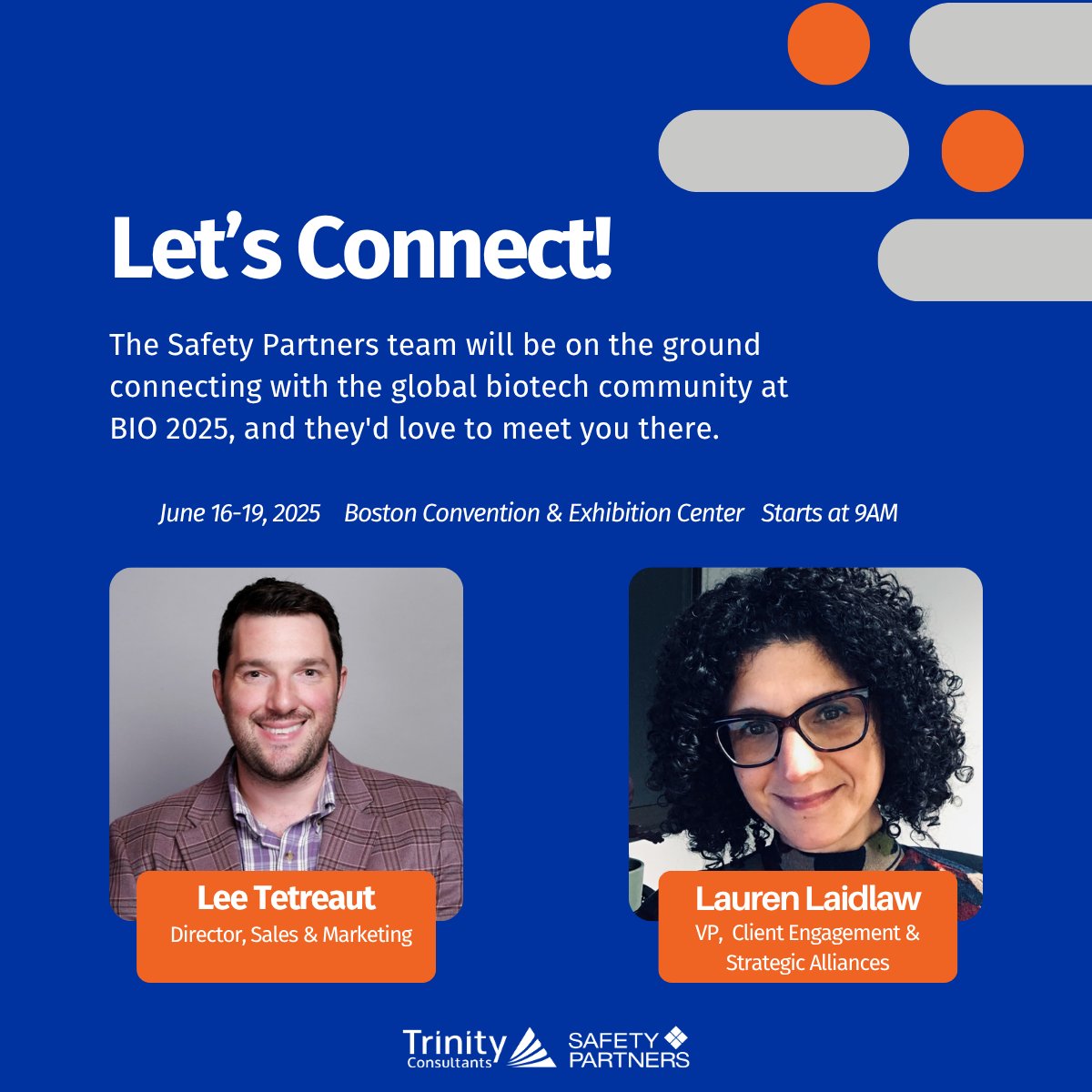 Lauren Laidlaw and Lee Tetreault will be on the ground connecting with the global biotech community at #BIO2025, and they'd love to meet you there.

Let us know if you’ll be there too — we’d love to connect!

 #LifeSciences #BiotechEvents #MassBio #SmartLabs #SafetyPartners