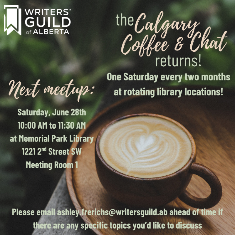 Writers'GuildAlberta (@writersguildab) on Twitter photo Join us for the next Calgary Coffee & Chat, a place for YYC writers to get together and gab about all things writing! 
June 28th, 2025
10- 11:30 AM
Memorial Park Library
1221 2nd Street SW, Calgary
Meeting Room 1
Enjoy coffee and Timbits! Join us for the next Calgary Coffee & Chat, a place for YYC writers to get together and gab about all things writing! 
June 28th, 2025
10- 11:30 AM
Memorial Park Library
1221 2nd Street SW, Calgary
Meeting Room 1
Enjoy coffee and Timbits!