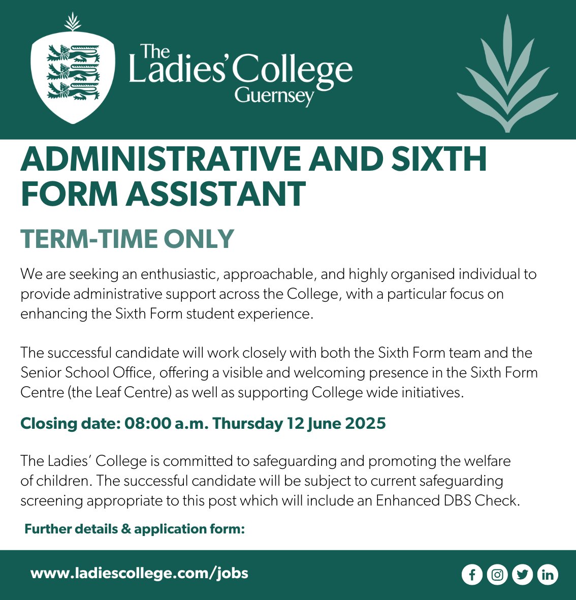 Join our team: Admin and Sixth Form Assistant (term-time only)
Seeking a highly organised individual to provide administrative support across the College, with a particular focus on enhancing the Sixth Form student experience.
ladiescollege.com/jobs