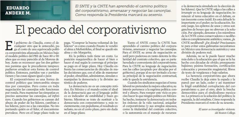 Eduardo Andere M. (@eduardoandere) on Twitter photo El corporativismo es una forma de control político que intercambia simpatías por canonjías. 
Pero para mantener el connubio del gobierno con la CNTE y con el SNTE se necesitan canonjías ad  Infinitum  
Mi columna de hoy en Reforma 👇 El corporativismo es una forma de control político que intercambia simpatías por canonjías. 
Pero para mantener el connubio del gobierno con la CNTE y con el SNTE se necesitan canonjías ad  Infinitum  
Mi columna de hoy en Reforma 👇