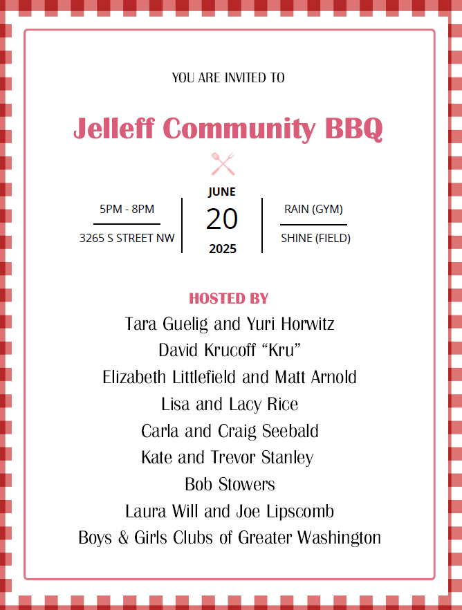 dkrucoff's tweet image. Jelleff's Girls' and Boys' Club is an afterschool sanctuary for DC's youth. I am delighted to invite everyone to join me on Friday June 20 for a fundraising BBQ at the club in upper Georgetown. Here's the invitation. bgcgw.org/jelleff-fundra… Please be in touch w/ me too. Cheers,