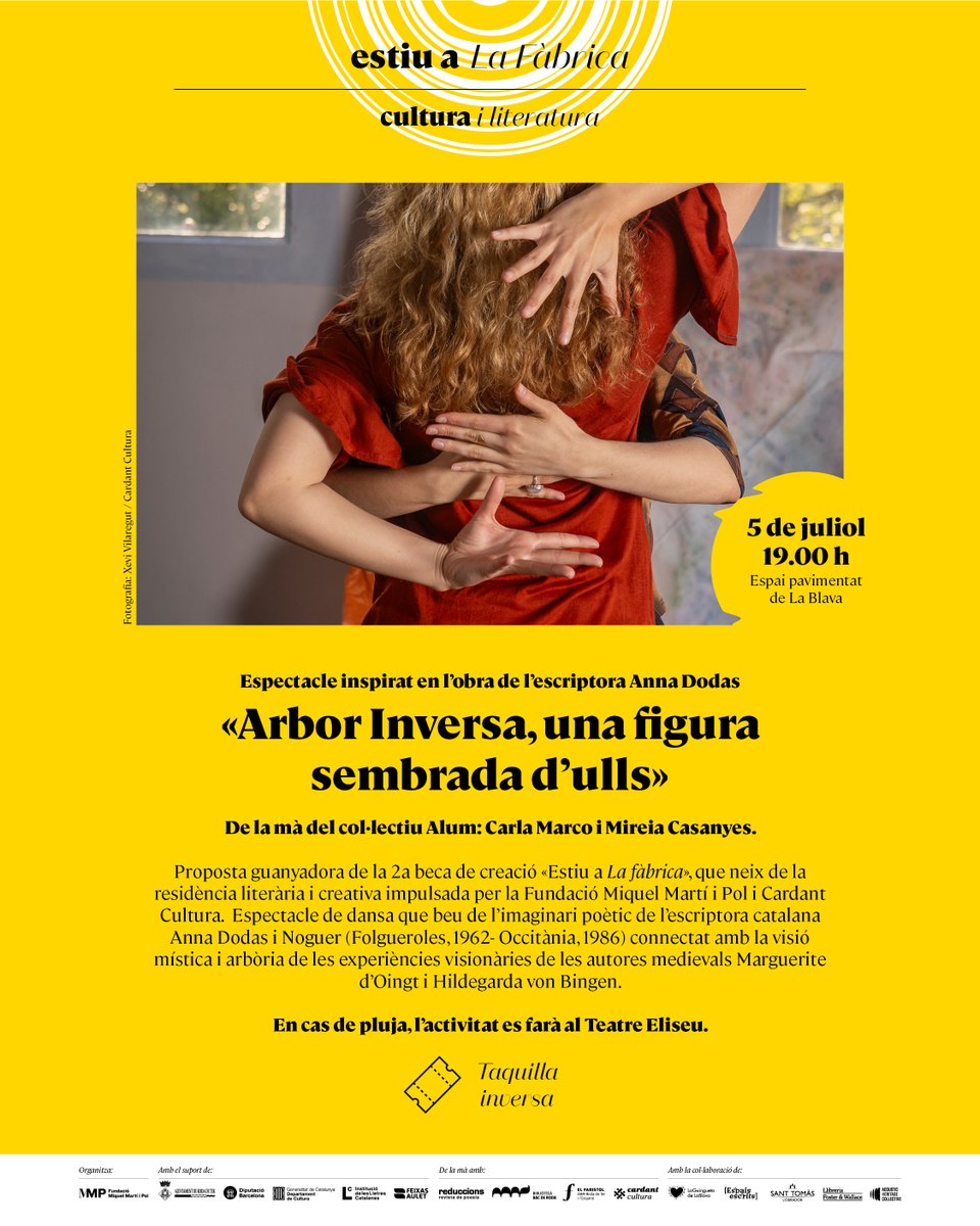 fundaciommp's tweet photo. Seguim amb  més propostes! Espectacle de dansa inspirat en l’obra de l’escriptora  Anna Dodas «Arbor Inversa, una figura sembrada d’ulls», de la mà del  col·lectiu Alum: Carla Marco i Mireia Casanyes.

👉 https://t.co/y1yNiLob2o

#EstiuALaFàbrica2025 https://t.co/0J7i6hYZxk
