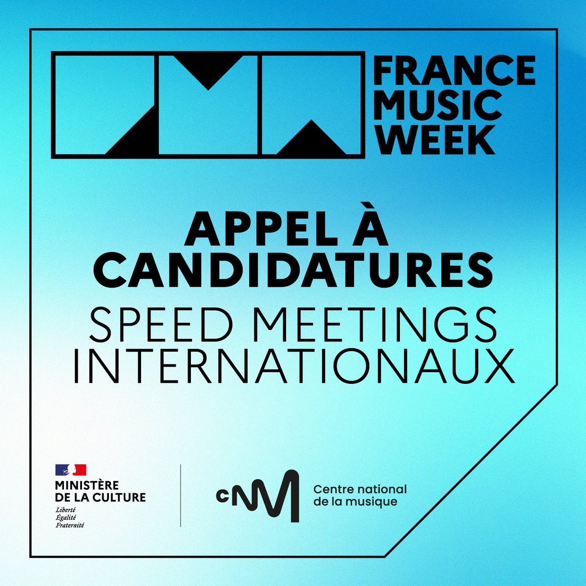 🗓️📢 Dans le cadre de la France Music Week, le <a href="/le_CNM/">Centre national de la musique</a>  a lancé un appel à candidatures pour participer aux speed meeting internationaux organisés les 18 &amp; 19 juin.

📌Date limite de candidature : 4 juin 2025 inclus
👉 Pour candidater : cnm.fr/france-music-w…