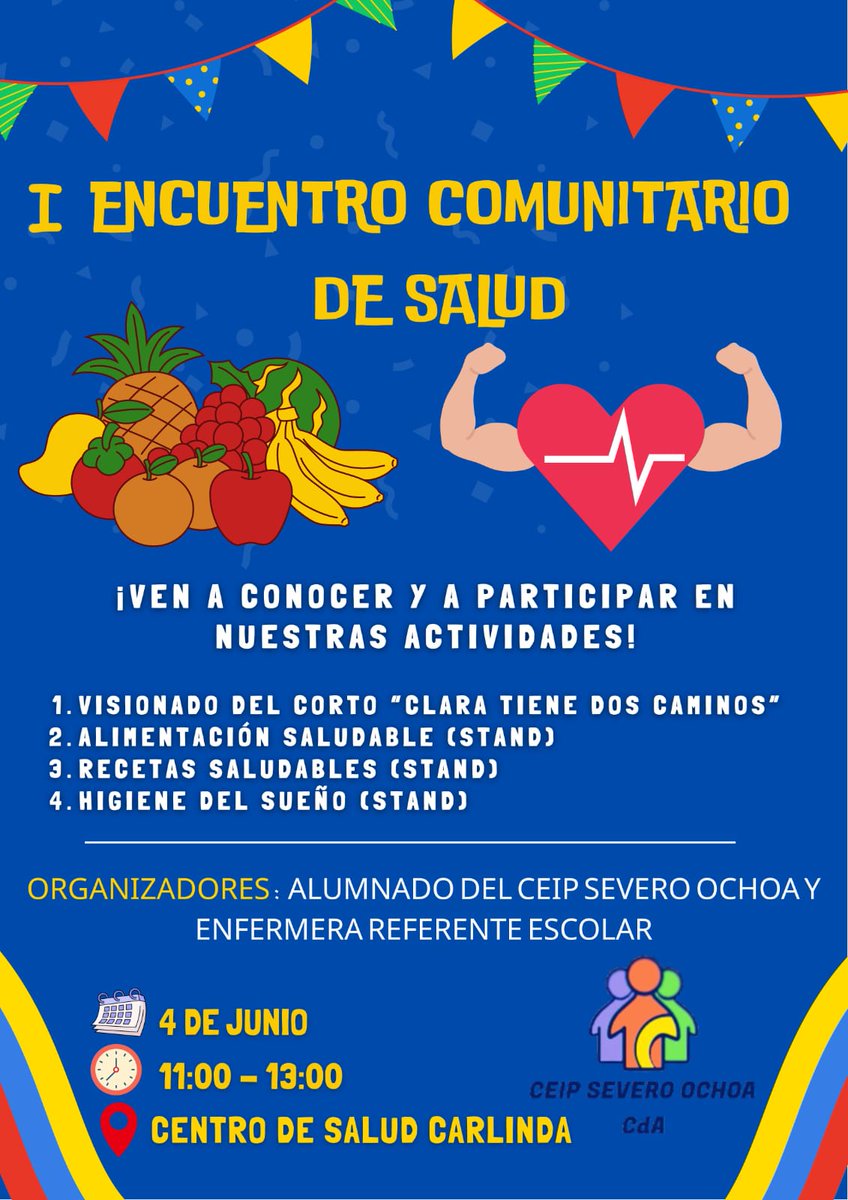 Os invitamos al 1º Encuentro Comunitario de Salud liderado por los alumnos del <a href="/OpenSeveroOchoa/">CEIP Severo Ochoa</a>. 

Un espacio para la promoción de salud donde los alumnos compartirán con la comunidad su aprendizaje en hábitos de vida saludable.