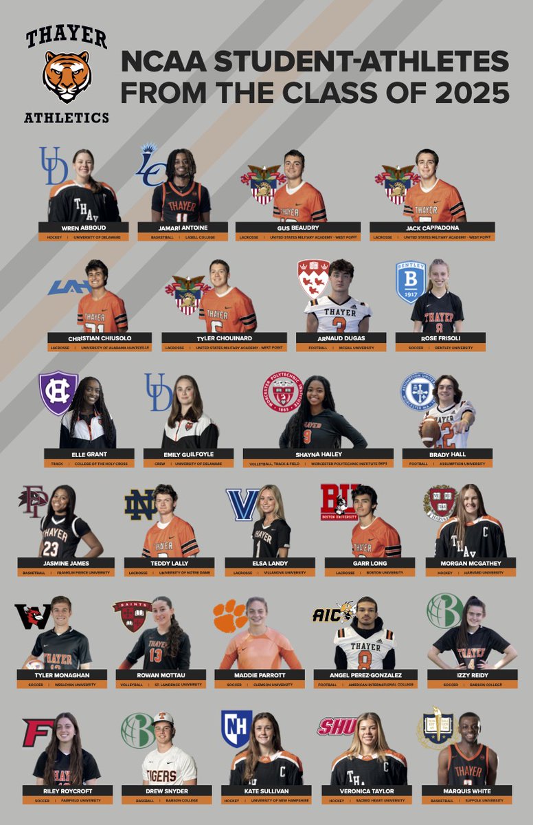 ThayerAthletics: Congratulations to the 27 student-athletes from the Class of 2025 who will be competing collegiately next year!