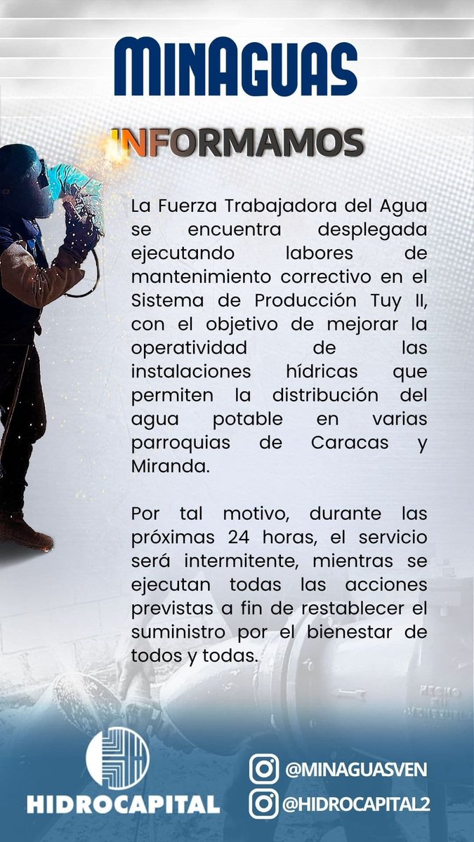 #SinAgua en todo el Municipio sucre por trabajos de nuevo en el TUY II
Vecino tome precaucion
Llama la atención por qué No hacen reparaciones en días de racionamiento?
#2Junio
<a href="/elmarquesaldia/">elmarquesaldia</a> 
<a href="/Asoc_El_Llanito/">Asociación de Vecinos El Llanito</a> 
<a href="/LaCaliforniaSi/">California Norte</a> 
<a href="/Macaracuay2015/">AsoMacaracuay 2015</a> 
<a href="/infomacaracuay/">INFOMACARACUAY</a> 
<a href="/FaroComunitario/">Faro Comunitario</a>