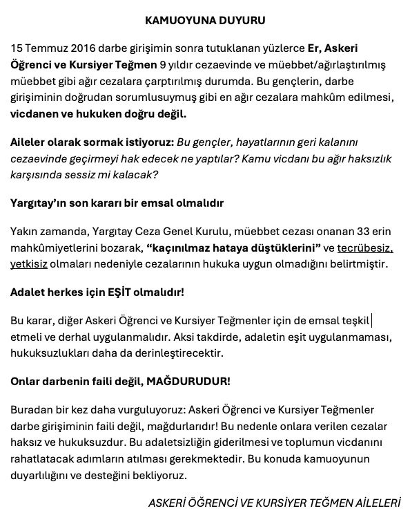 Kezban Kalın (@kezbankalin) on Twitter photo <a href="/avidrissahin/">Av. İdris Şahin</a> 15 Temmuz sonrası adil yargılanma hakkı ve masumiyet karinesi ihlal edilerek suçsuz yere müebbet hapis cezası verilen Askeri Öğrenciler ve Kursiyer Teğmenler bir çözüm bekliyor..
Artık bir çözüm BULUNMASI elzemdir!!
<a href="/yilmaztunc/">Yılmaz TUNÇ</a> <a href="/tcbestepe/">T.C. Cumhurbaşkanlığı</a> <a href="/RTErdogan/">Recep Tayyip Erdoğan</a> <a href="/Akparti/">AK Parti</a> <a href="/MHP_Bilgi/">MHP</a> <a href="/avidrissahin/">Av. İdris Şahin</a> 15 Temmuz sonrası adil yargılanma hakkı ve masumiyet karinesi ihlal edilerek suçsuz yere müebbet hapis cezası verilen Askeri Öğrenciler ve Kursiyer Teğmenler bir çözüm bekliyor..
Artık bir çözüm BULUNMASI elzemdir!!
<a href="/yilmaztunc/">Yılmaz TUNÇ</a> <a href="/tcbestepe/">T.C. Cumhurbaşkanlığı</a> <a href="/RTErdogan/">Recep Tayyip Erdoğan</a> <a href="/Akparti/">AK Parti</a> <a href="/MHP_Bilgi/">MHP</a>