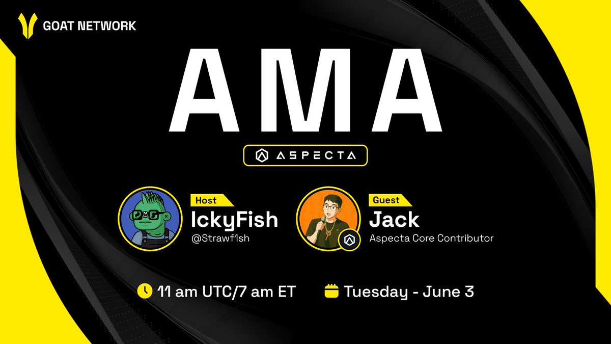 GOAT Network 🟡 (@goatrollup) on Twitter photo For the first time, GOAT Network is offering a pre-market opportunity to its community, via <a href="/aspecta_ai/">Aspecta - BuildKey 🔑</a> BuildKey!
Go-live: 11 am UTC/7 am ET, Tuesday June 3
Join us at that time for a special X Space with Aspecta, for a full breakdown on how to get in!
x.com/i/spaces/1kvJp… For the first time, GOAT Network is offering a pre-market opportunity to its community, via <a href="/aspecta_ai/">Aspecta - BuildKey 🔑</a> BuildKey!
Go-live: 11 am UTC/7 am ET, Tuesday June 3
Join us at that time for a special X Space with Aspecta, for a full breakdown on how to get in!
x.com/i/spaces/1kvJp…