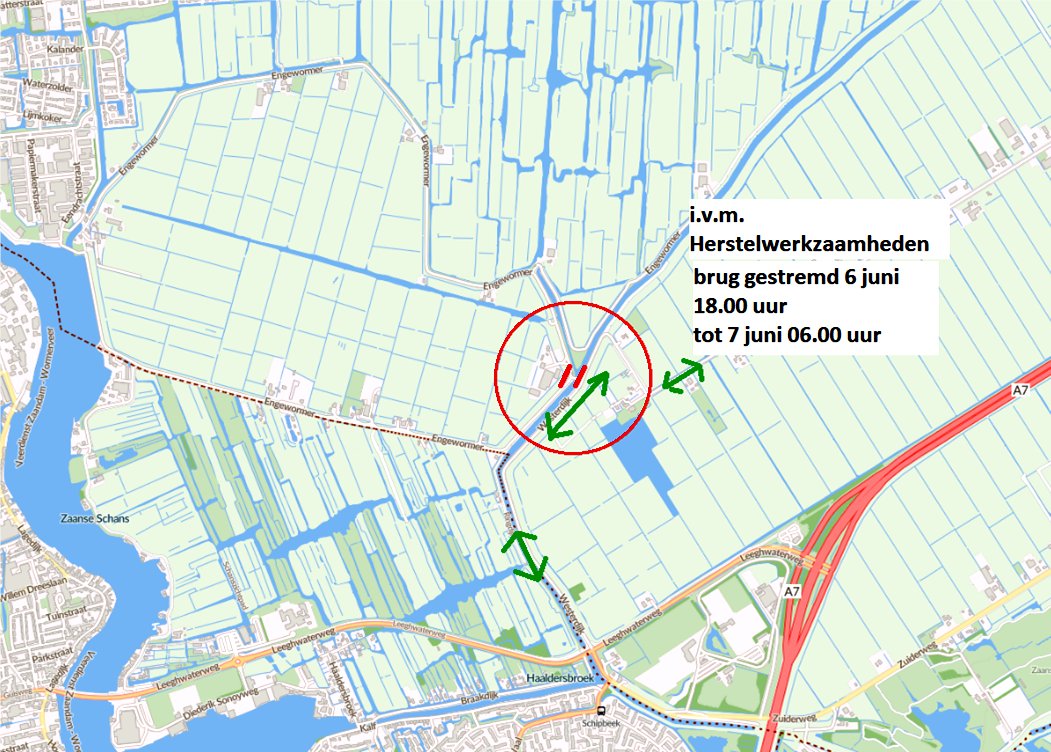 👷‍♂️ Vanwege herstelwerkzaamheden (brugdek klemt) is de Engewormerbrug op 6 juni vanaf 18.00 uur tot uiterlijk 6.00 uur de volgende ochtend gestremd voor alle verkeer.
🚶‍♀️🚴‍♂️ Dit geldt ook voor voetgangers en fietsers.