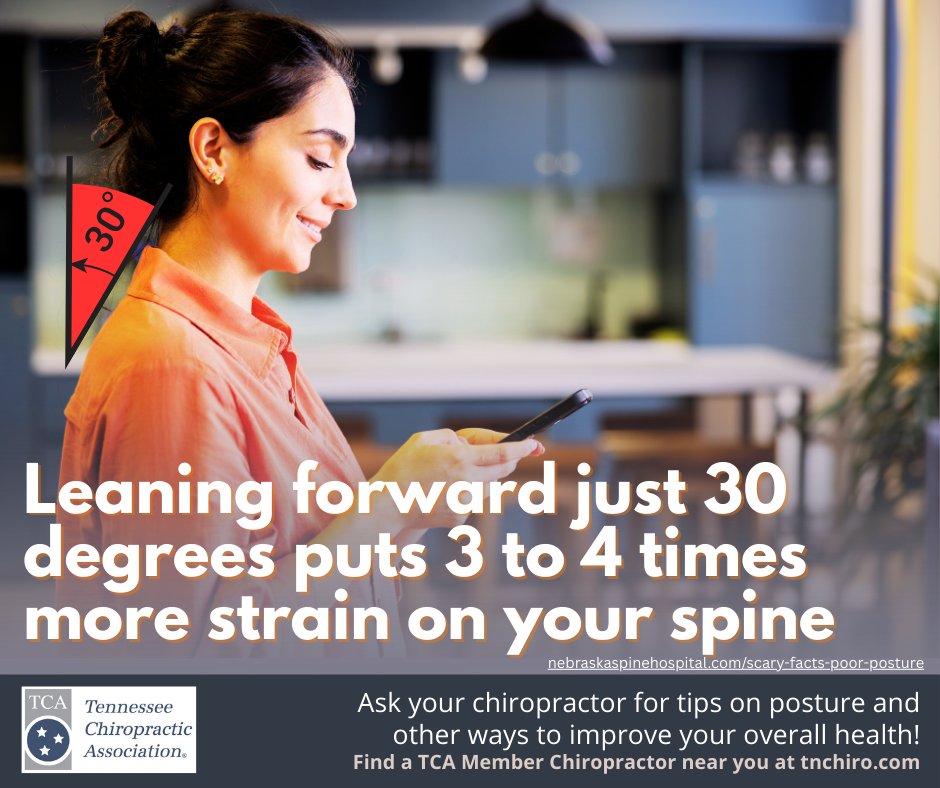 How often do you look down at your phone? Just a 30° tilt can triple the strain on your spine! Stand up to tech neck—raise your screen to eye level, plus ask your chiropractor about simple stretches to protect your neck. #poweredbychiropractic #chiropractic1st