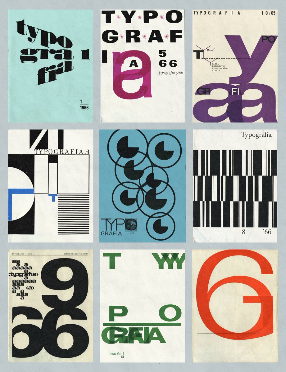 Typografia • Czechoslovak printers’ journal published by Práce (c. 1950s–1980s), with covers by Vladislav Najbrt – Its clean, functional design was rooted in the print process, 1964...1966.