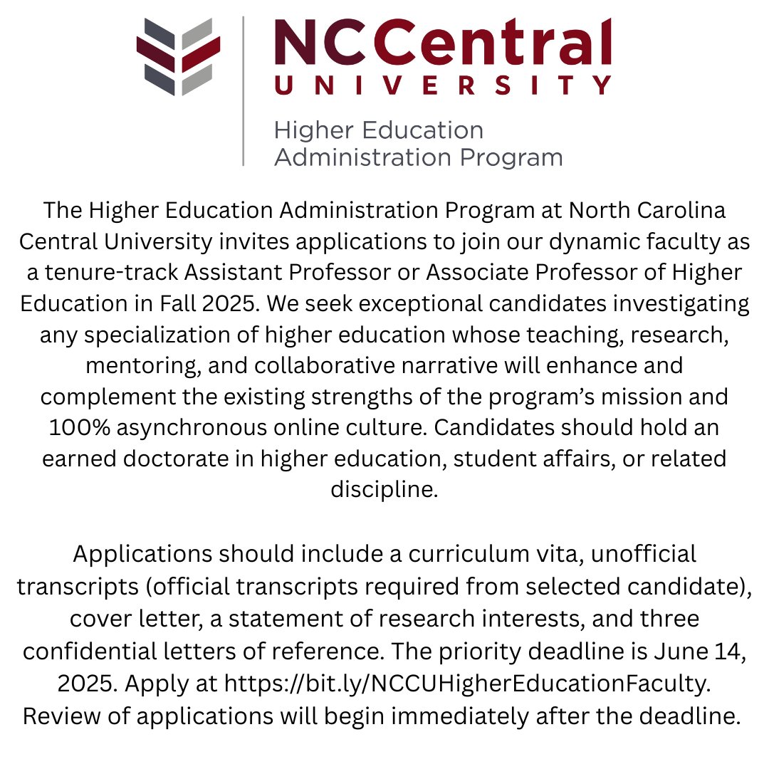 Have you ever desired to work at an exceptional HBCU?

<a href="/NCCUHigherEd/">NCCU HEA Program</a> is hiring! This is an open call at the tenure-track assistant prof. level in any research area of higher education for a Fall 2025 start date.  The priority deadline is June 14, 2025.