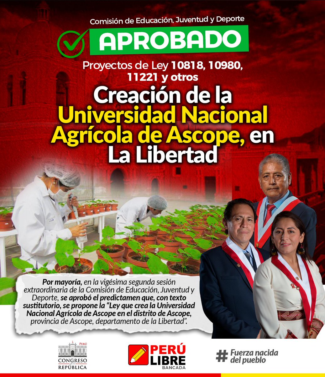 ✅#Aprobado |🏢🌱Por mayoría, en la 22° sesión extraordinaria de la <a href="/ComEdu20242025/">Comisión de Educación, Juventud y Deporte</a>, se aprobó el predictamen que, con texto sustitutorio, se propone la “Ley que crea la Universidad Nacional Agrícola de Ascope en el distrito y provincia Ascope, departamento de la Libertad”.