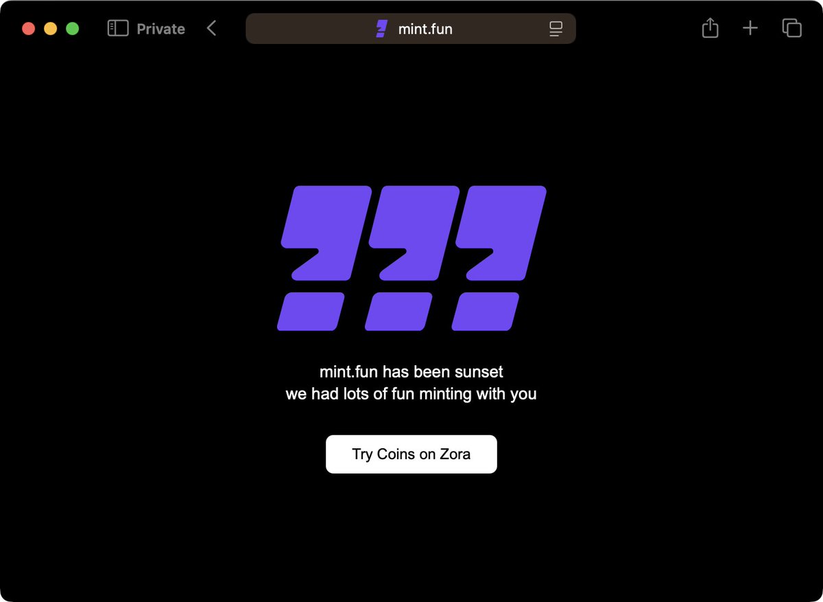 rip <a href="/mintdotfun/">mint.fun</a> 
june 2022 - may 2025

built by <a href="/context/">Context</a> june 2022
acquired by <a href="/zora/">$zora</a> may 2024
sunset may 2025

the crypto product i'm most proud of working on by far. briefly originated 40-50%+ of all NFT mints across the 4 chains it supported.

thanks to all who used it!