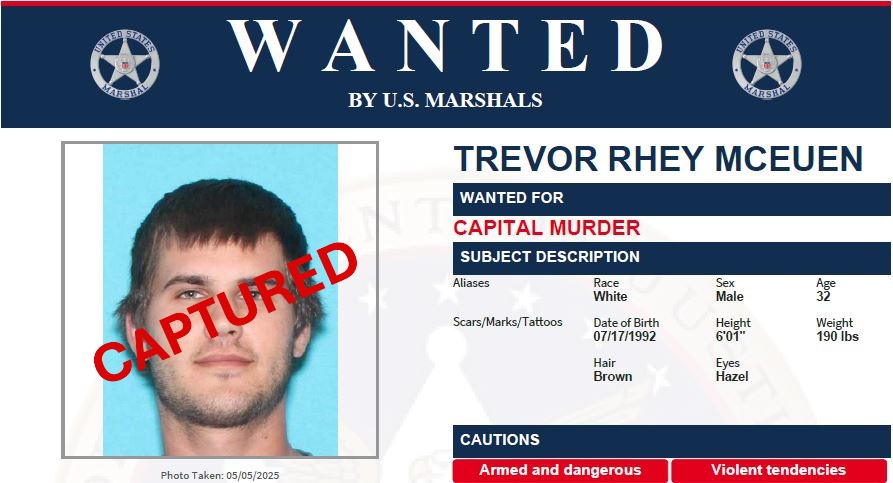 U.S. Marshals Service Dallas (@usms_dallas) on Twitter photo <a href="/USMS_Dallas/">U.S. Marshals Service Dallas</a> North Texas Fugitive Task Force is pleased to announce the apprehension of fugitive Trevor Mceuen, 32, who was wanted for Capital Murder.  Mceuen was located and arrested in Van Zandt County with the assistance of the Kaufman County Sheriff's Office SWAT team. <a href="/USMS_Dallas/">U.S. Marshals Service Dallas</a> North Texas Fugitive Task Force is pleased to announce the apprehension of fugitive Trevor Mceuen, 32, who was wanted for Capital Murder.  Mceuen was located and arrested in Van Zandt County with the assistance of the Kaufman County Sheriff's Office SWAT team.