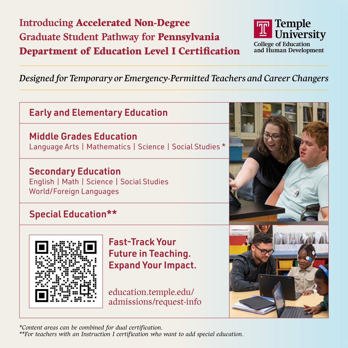 Temple College of Education and Human Development (@templecehd) on Twitter photo 📣 Explore our four new graduate certificate programs—your fast, flexible path to PA Level I teacher certification!
✔️ Early & Elementary
✔️ Middle Grades
✔️ Secondary Ed
✔️ Special Ed
👉 Learn more and apply: education.temple.edu/teach#GradCerts 📣 Explore our four new graduate certificate programs—your fast, flexible path to PA Level I teacher certification!
✔️ Early & Elementary
✔️ Middle Grades
✔️ Secondary Ed
✔️ Special Ed
👉 Learn more and apply: education.temple.edu/teach#GradCerts