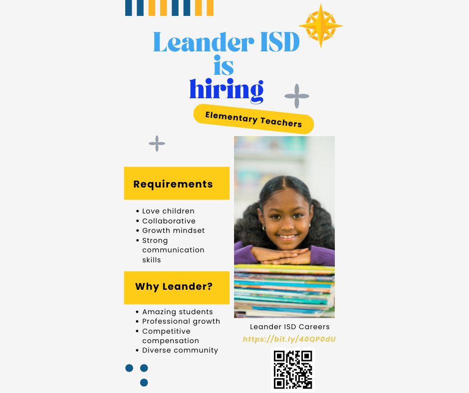Leander ISD HR (@lisdcareers) on Twitter photo 🎉 Attention awesome educators! 🎉 <a href="/LeanderISD/">Leander ISD</a> is HIRING elementary teachers for the 2025-2026 school year. This is your chance to make a real impact in a supportive, growing district that’s committed to student success.
💥 Ready to shape the future? bit.ly/40QP0dU 🎉 Attention awesome educators! 🎉 <a href="/LeanderISD/">Leander ISD</a> is HIRING elementary teachers for the 2025-2026 school year. This is your chance to make a real impact in a supportive, growing district that’s committed to student success.
💥 Ready to shape the future? bit.ly/40QP0dU