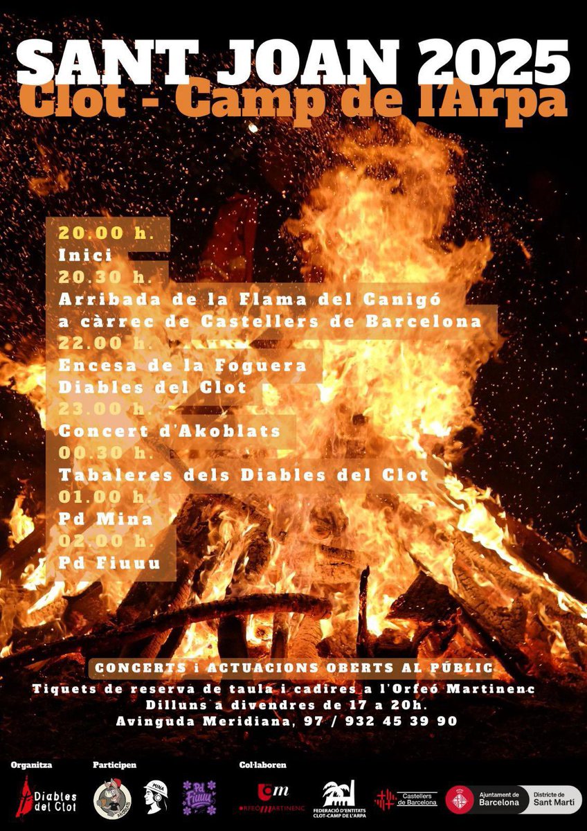 Tot a punt per #SantJoan us esperem a la #revetlla més bonica😛
Els tiquets ja estan disponibles a <a href="/orfeomartinenc/">Orfeó Martinenc</a> de 17h a 20h.
També sortegem un lot de petards adult i un altre d’infantil, podeu comprar els números juntament amb el de les cadires.
Us hi esperem!!! 💥❤️‍🔥🔥