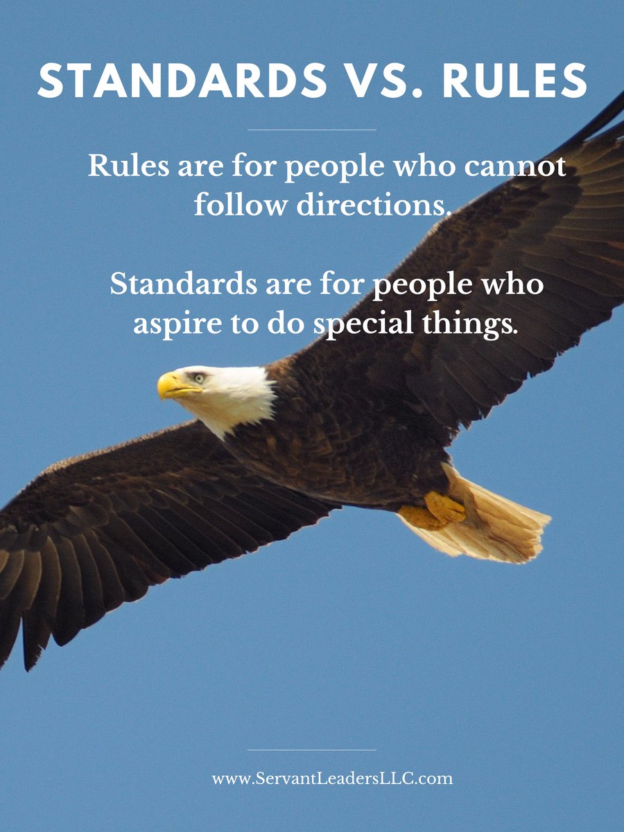 Standards vs. Rules

Rules are for those who cannot follow directions. 

Standards are for individuals who aspire to achieve extraordinary things. 

#Leadership #ServantLeadership #Standards #Culture #Excellence #TeamDevelopment

ServantLeadershipLLC.com