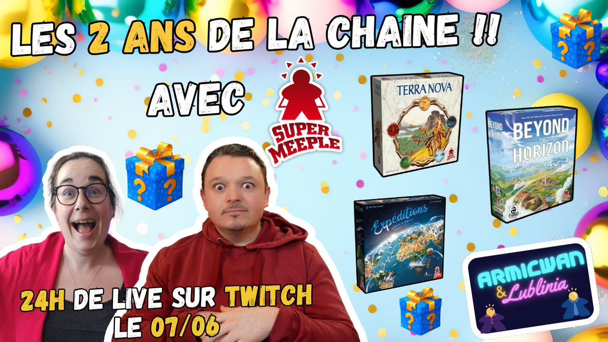 Quel énorme soutien de la part de <a href="/SuperMeeple/">SuperMeeple</a> pour notre live 24h qui arrive samedi 07/06 !! Ils vous offrent 3 super jeux : Expeditions, Terra Nova et Beyond the Horizon !! Soyez la samedi sur notre chaine twitch !
#j2s