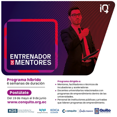 📷 ¿Quieres ser un líder que forma a otros líderes?
 Conviértete en entrenador de mentores y fortalece el ecosistema de emprendimiento. KOICA Ecuador te invita a participar en esta actividad como parte de nuestro proyecto con Conquito.
 📷 Postúlate en conquito.org.ec
