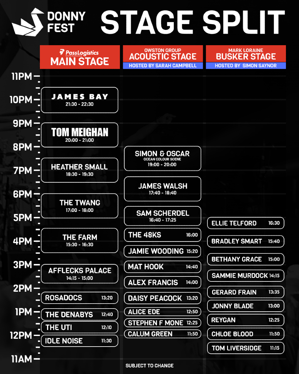 DonnyMusicFest's tweet photo. Set times are HERE!

Come and enjoy a great day out with amazing artists throughout the day!

James Bay, Heather Small, Tom Meighan, Simon & Oscar + loads more!

We’ve got up-and-coming artists too! See them before they hit the big time!

🎟 Tickets are selling fast! Grab your tickets before they’re gone! https://t.co/NRkXPLW1f6

#Lineup #DonnyFest25 #FestivalVibes #YorkshireMusic